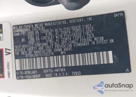 2014 Toyota Venza Limited V6 z USA, uszkodzony, nr VIN 4T3BK3BB1EU105278